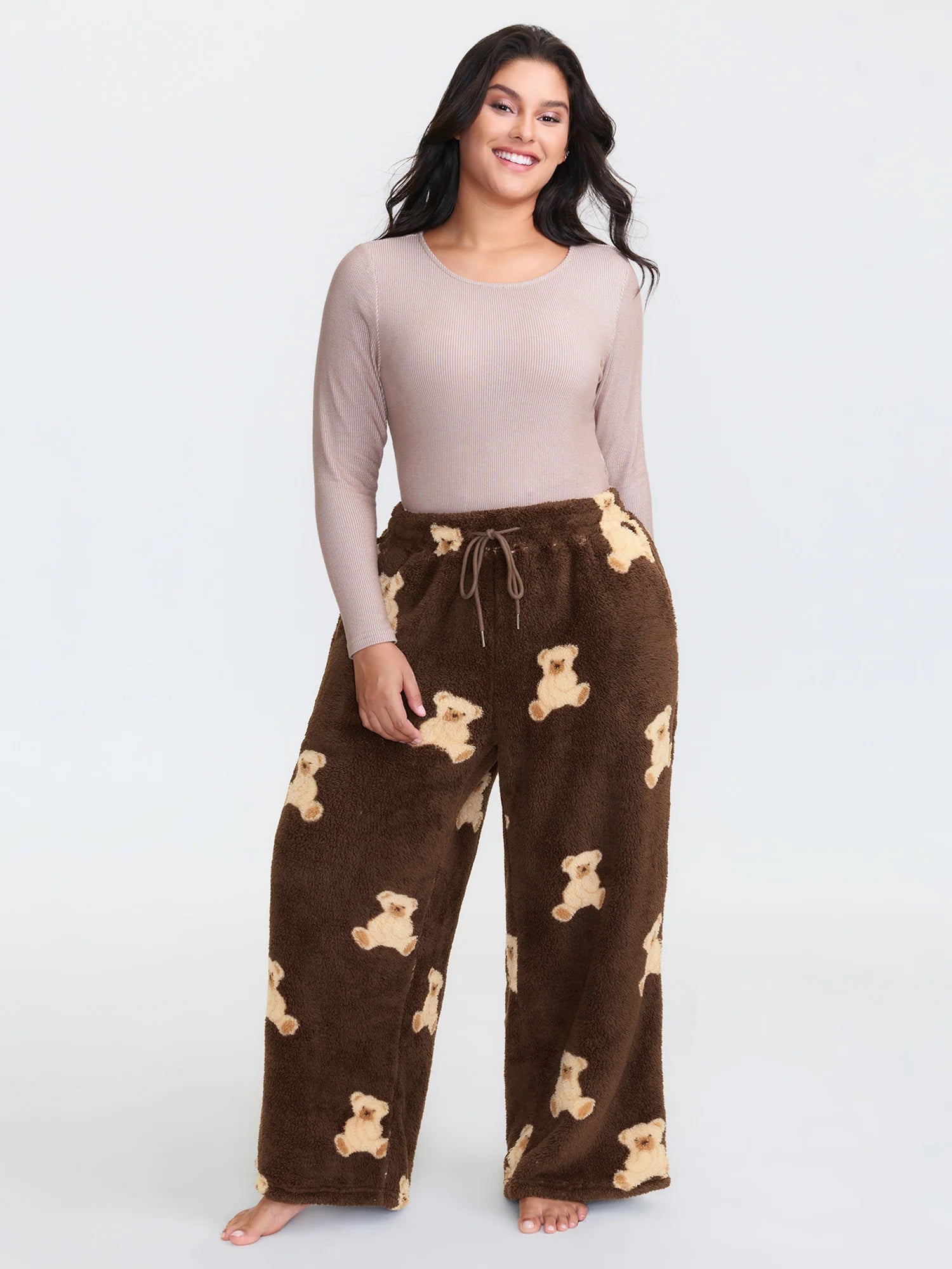 Plush Teddy Pattern Pockets Lounge Bottoms