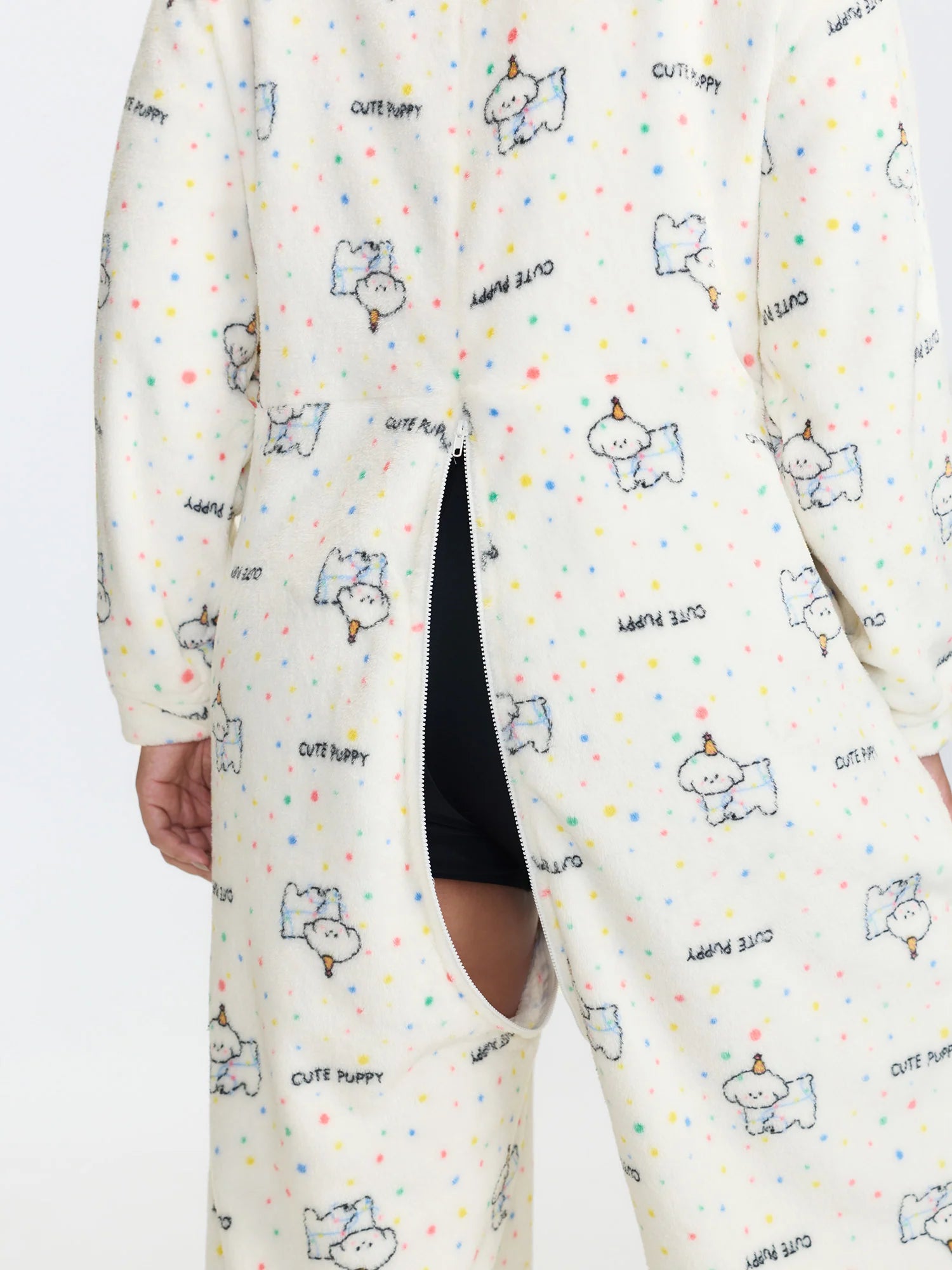 Cozy Puppy Print Zipper Front Lounge Jumpsuit