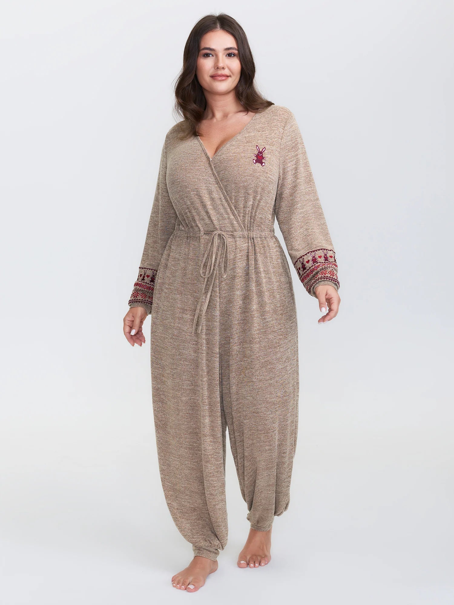 Stretchy Embroidery Pockets Drawstring Lounge Jumpsuit